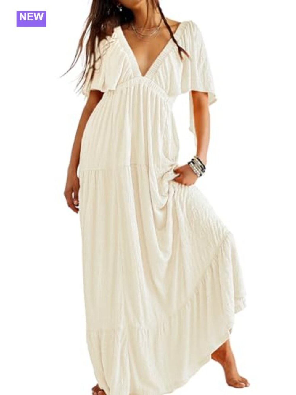 Women's V-Neck Maxi Dress Flutter Sleeve Backless Tiered Ruffle